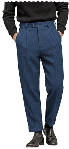 AeoTeokey Pantaloni da uomo in tweed a spina di pesce vintage, pantaloni casual in lana spessa con pieghe sul davanti, Blu, W30 / L32