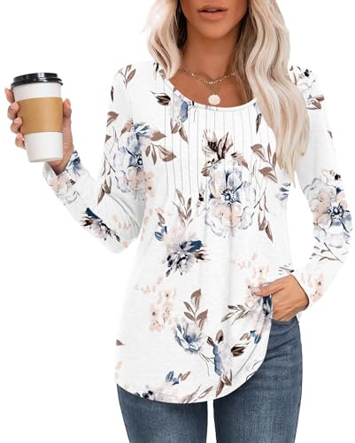 MOLERANI T Shirts for Women UK Round Neck Loose Casual Ladies Long Sleeve Tops Front Pleated T Shirt Floral White XL