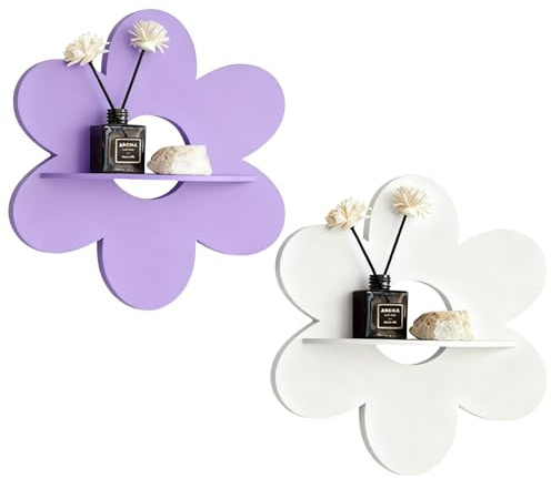 SiegYma Cute Shelf Pink Floating Shelves, 2Pcs Flower Shaped Green Floating Shelves Display Daisy Decor for Bathroom Livingroom Bedroom Shelves (Purple White)
