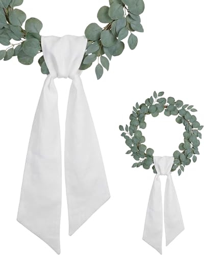NUVCELKA 2 Pieces White Linen-Style Wreath Sash for Front Door, 55x5.1 Blank Ribbon DIY Embroidery Monogram Christmas Holiday Farmhouse Home Wall Decorations (White)