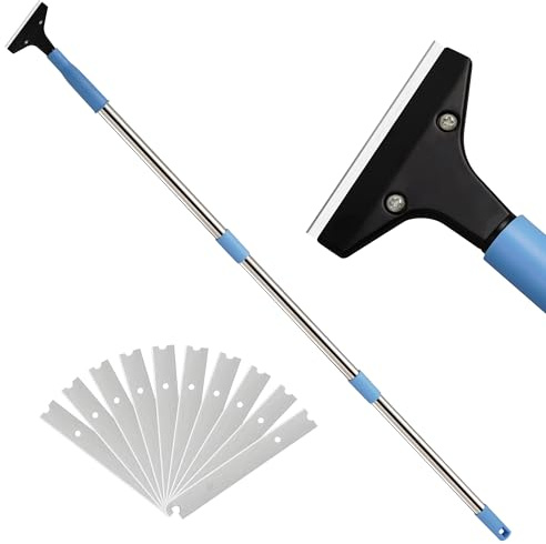 Heavy-Duty Floor Scraper with Long Handle (37''-51.5''), 4-Inch Metal Scraper Cleaning Tool, Comes with 10 Blades, Suitable for Cleaning Walls, Glass, Adhesives, Chewing Gum, and Ceilings