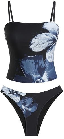 ZAFUL Women's Floral Tankini Swimsuits Bandeau Tummy Control High Cut Tankini Set Two Piece Bathing Suit(1-Blue Flower, M)