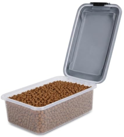 Nobleza Contenedor de Comida para Mascotas 10 L, Caja Hermética Transparente con Ruedas, Tapa Abatible y Pala para Alimento de Perros y Gatos, Gris