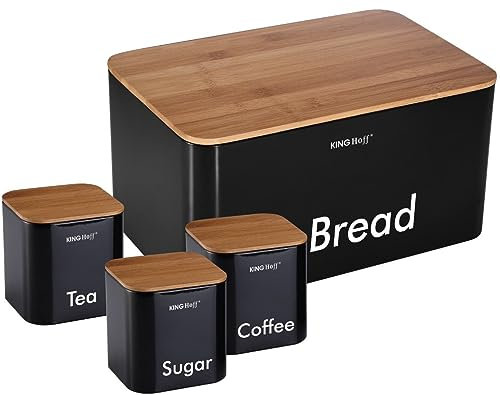 Kinghoff 4 Piece Kitchen Storage Box Set Includes Bread, Cookies, Tea, Coffee, Sugar