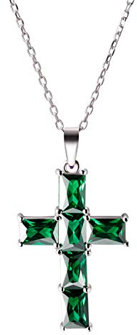 Franki Baker Collar con colgante de cruz de plata de ley y circonita verde esmeralda. Longitud de la cadena: 50 + 5 cm de extensión, Zirconia cúbica Plata esterlina, Circonia cúbica