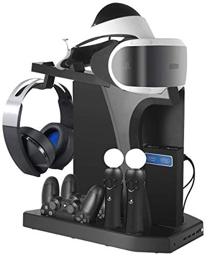 Fisound Vertikaler Multifunktionsständer für PS4 / Slim/Pro, PSVR1 / 2, Ladestation, Lüfterkühler, Kopfhöreraufbewahrung, Ladestation, Dockingstation, DualShock 4 Controller, 4-Port USB