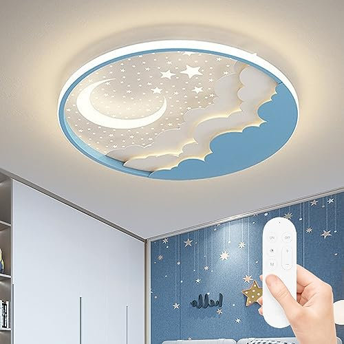 Kinderzimmerlampe LED Dimmbar Deckenleuchte Modern Stern Mond Deckenlampe Dimmbar mit Fernbedienung Deckenlicht für Junge Mädchen Schlafzimmer Kindergarten Wohnzimmer Deko Decke Lampe (Blue,50CM)