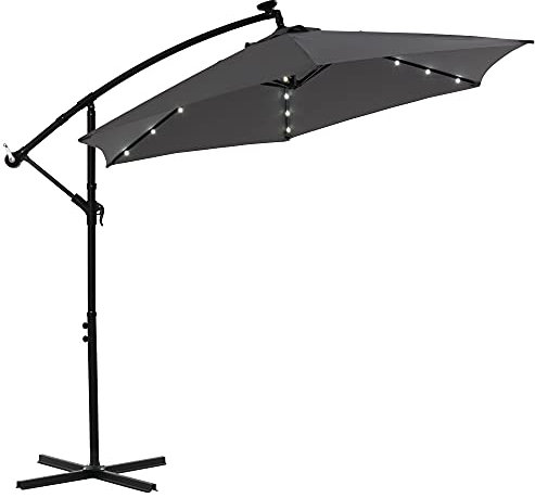 Melko Ampelschirm Ø3m Sonnenschirm Grau mit LED Beleuchtung Kurbelschirm Balkonschirm Marktschirm Strandschirm Gartenschirm