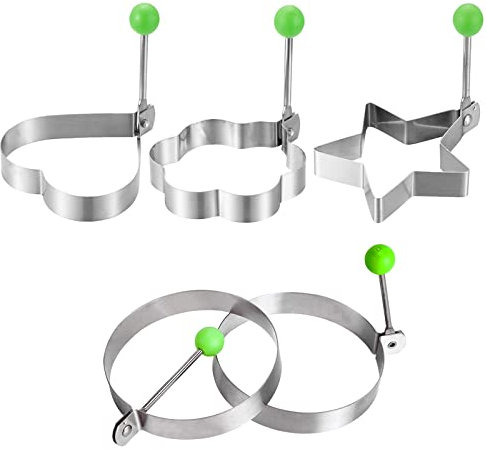 ACONDE Egg Ring 5 Stück, Edelstahl Omeletts 9,5-10,5 cm, Antihaft Pancake Form Runde Liebesherz Stern Blumen, Spiegeleierformen