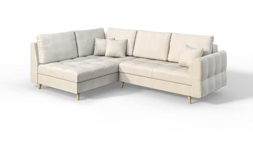 S-Style Möbel Monaco Viersitziges Ecksofa Skandinavische Moderne Ecksofa Mikrofaser Stoff 231cm x 161cm x 81cm Modern Lose Rückenlehnenkissen 8 Hellbraune Holzbeine Eckseite Links Farbe Ecru