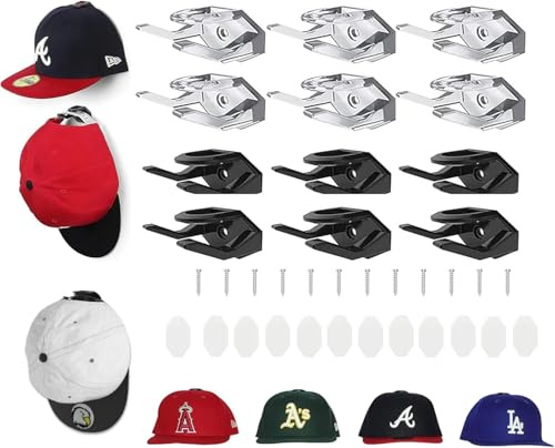 Guidre 12-Pack Adhesive Hat Hooks for Wall - for Baseball Caps Minimalist Hat Display Rack Hat Organizer Wall Mounted Cap Hangers Strong Hold for Bedroom Wall, Door, Closet or Office