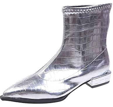 Woaikeyu Botines Mujer Moda Otoño Invierno Mujeres Moda Botas Cortas Tacón Bajo Punta Puntiaguda Cuero Con Textura Cómodo Casual Botas Invierno, plata, 38 EU