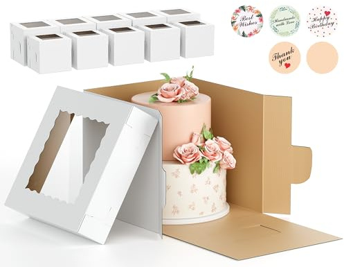 10Pcs Corrugated Cake Boxes in 2 Sizes - 12x12x12 & 10x10x10 Inch Tall Cake Box with Window, Thick Bakery Dessert Boxes, Disposable Cardboard Cake Carrier for Layer Cakes, Birthday, Wedding, Party