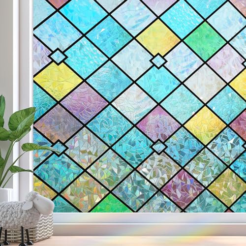 Zindoo Stained Glass Window Film Privacy Film for Glass Windows Self Adhesive, Rainbow Stickers Sun Blocking Anti UV Glare, Static Cling Decorative Lattice Coverings Decals for Home Door, 30x200cm