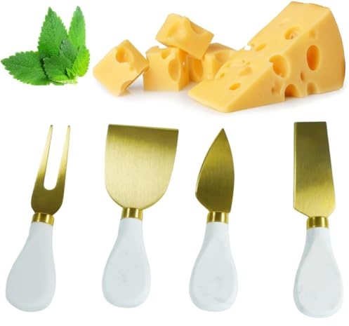 HSHQING Marble Cheese Knife Set of 4 Gold and White Charcuterie Accessories, Heavy Marble Handle Butter Spatula Sandwich Cream Knives Cheese Spreader Cutter,Housewarming Gift