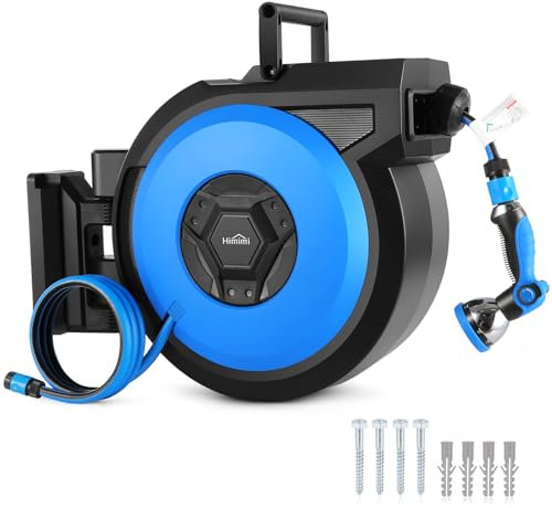 Garten Schlauchbox Wandmontage 30m, Automatik Schlauchtrommel Wasser mit 10-in-1 Multibrause， | 180° Schwenkbar | Wandhalterung | Gartenschlauch | Blau