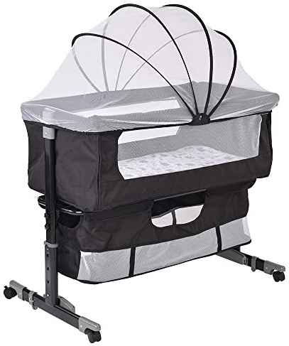 Lettino multifunzionale e box 4 in 1, per bambini fino a 45 kg di peso corporeo, Lettini convertibili Culla con Materasso, con materasso, cinghie di fissaggio,per Neonati e Bebe,92*58*70-90 cm-nero