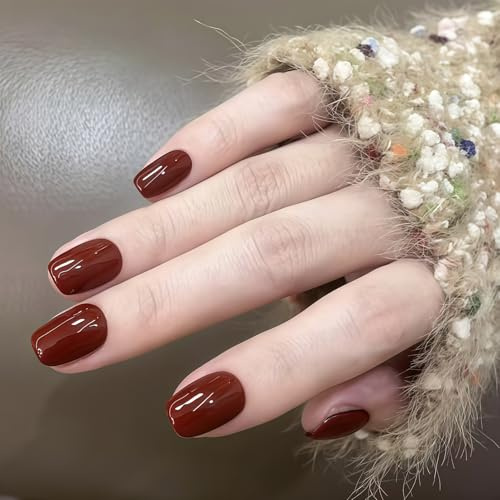 24 Stück Press on Nails Rot - Reine Farbe Kunstnägel Kurz - Full Cover Square Falsche Nägel - Glänzend Acryl Kunstnägel Zum Aufkleben für Frauen & Mädchen Nail Art Maniküre (Red Brown)