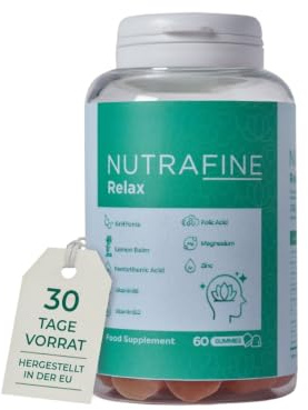 Nutrafine Relax Gummies – 5-HTP and Magnesium Gummies with Rhodiola & B Vitamins, Lemon Balm & Zinc – 60 Chews – Non-Sugar Formula – Food Supplement for Mood, Mind Balance & Daily Wellbeing