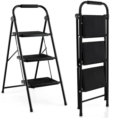 FANTASK Escabeau Pliable à 3 marches en métal avec Main Courante antidérapante et Plate-Forme - Échelle Domestique Pliable pour la Maison, Le Bureau, Le Garage - Noir (3 marches)