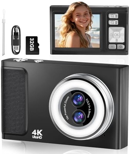 2.8'' Appareil Photo NuméRique, JDZ Appareil Photo Compact 4K HD, Zoom 16X, 48MP Digital Camera, Built in 32 Go Carte SD, Camera Digital pour Garçons et Filles, Adolescents, Débutants Adultes (Noir)
