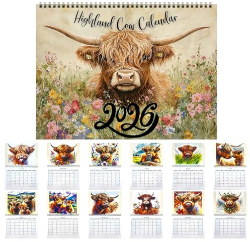Highland Cow Calendar 2026, 12 Month Wall Calendar UK Organizing and Planning Wall Art Personalized Animal Calendar Decorations Gift for Highland Cow Lovers (Flower field)