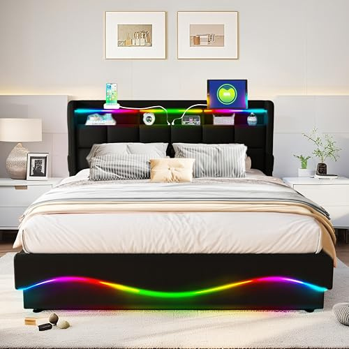XMETPR Cama de Cuero 140x200cm con almacenaje bajo la Cama, Negra
