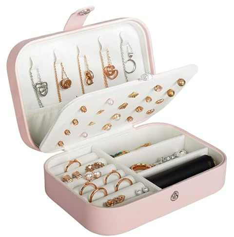 Compact Pink Jewellery Box for Women – Travel Jewellery Organiser with Ring Slots, Earring Holder & Necklace Portable Mini Jewellery Case for Holidays, Handbag & Gifts | PU Leather - 16 × 11 × 5 cm