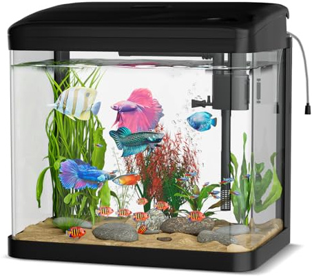 Acquario Piccolo in Vetro, Ambesty 10L Completo Acquarios Per Pesci Rossi, Fish Tank Tartarughe D'acqua con Illuminazione a LED e Sistema di Filtraggio, Nero, Principianti Mini Acquario Completo