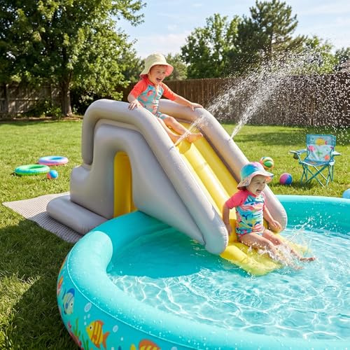 Inflatable Pool Slide, Swimming Pool Slide With Wide Water-fillable Base – Easy Setup & Storage Pvc Indoor/outdoor For Kids & Adults (khaki, With Foot Pump), Uso al aire libre