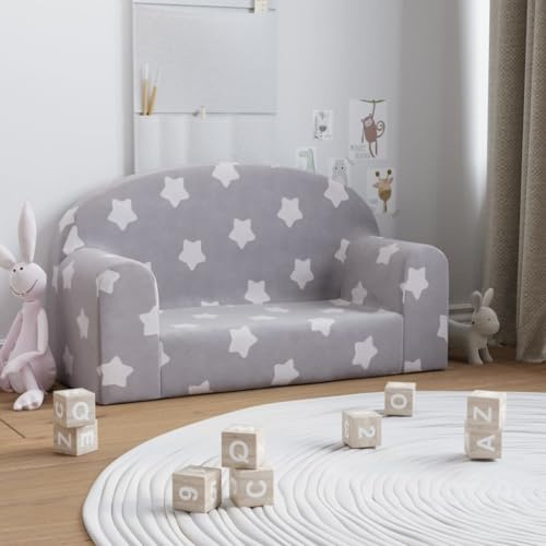 Runheo Sofá infantil de 2 plazas gris claro con estrellas de felpa suave 84 x 34 x 45 cm, funda extraíble, acolchado con espuma, seguro y ligero para habitación infantil, cómodo para leer o jugar