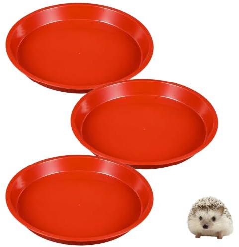 3 Pack Hedgehog Feeding Station Low Profile Food Bowl for Hamster | Red plastic construction, 14cm diameter by 1.9cm depth, blunt rounded edge finish.