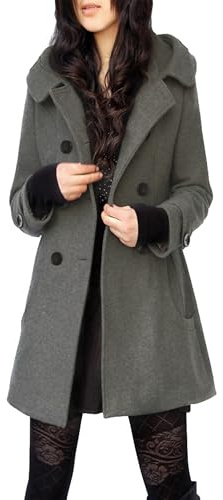 Tanming Women's Warm Double Breasted Wool Pea Coat Trench Coat Jacket with Hood (Grey-M)