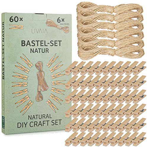 LIVAIA Juego de manualidades: Set de 6x10 m de cuerda de yute y 60 mini pinzas de madera - juego DIY con colgador para fotos - para niños y adultos