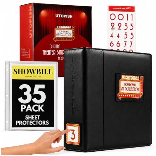 UTOPISH Show-Bill Binder with Sleeves – Large 4” Theater Program Holder with 35 Sheet Protectors and Numbering Stickers Included - Broadway Gift with Full-Color Logo and Numbering Panel