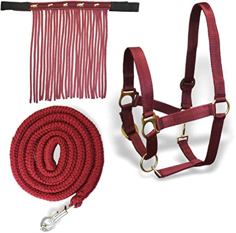 Halfter für Pferde mit Führstrick & Fliegenfransen Pferd, Halfter mit Strick - Halfter Pony Shetty Halfter Cob Full Kb (Pony, Bordeaux)