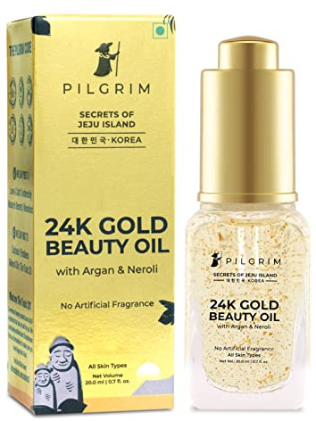 Pilgrim 24K Gold Beauty Oil for Glowing Skin, deep Nourishing, Anti Aging, Make up Primer 24K Gold Oil for Smooth & dewy Finish Beauty Elixir for All Skin Types for Men & Women 20 ml