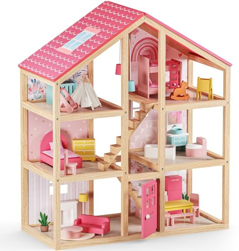 Tiny Land Wooden Dollhouse for Girls - 6 Rooms Wooden Doll House, DIY Pretend Dream House with 30Pcs Furniture Accessories, Gift for Girl Ages 3+