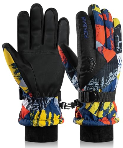 POPUBABI Guantes de Esquí para Niños Niño Niña, Guantes de Invierno Impermeables para Niños, Guantes de Ciclismo a Prueba de Viento, Cálidos Guantes de Nieve para Niños para Esquí Snowboard Ciclismo