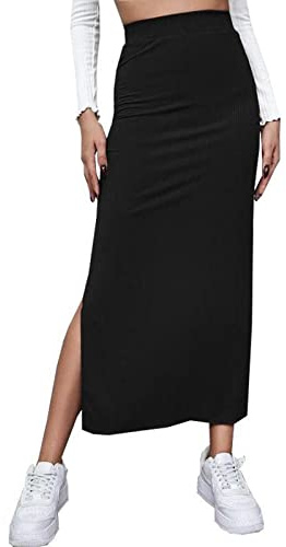 Geagodelia Gonna da Donna Lunga Casual, Gonna a Vita Alta con Orlo a Spacco in Tinta Unita Primavera Autunno Estate Streetwear (Nero, M)