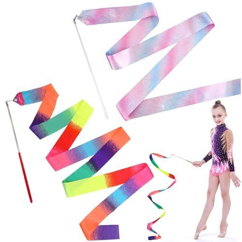 KEUGT Tanzen Streamer, 2 Stück Tanzbänder,Gymnastikband Tanzband mit Stab,Rhythmische Sportgymnastik Band,Regenbogen Gymnastikband,Rhythmische Tanzbänder für Mädchen,Mitgebsel, Kindergeburtstag
