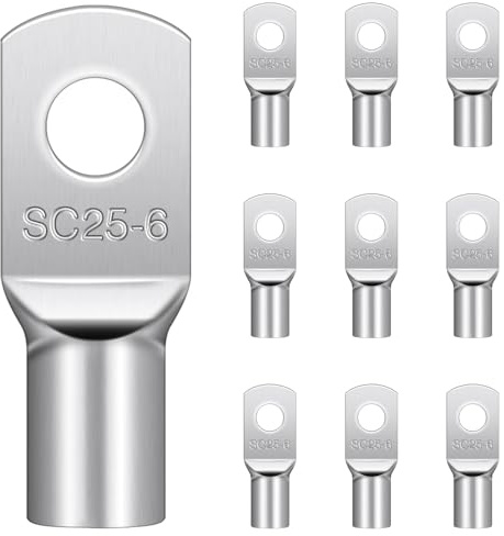 Hanibos Cable Lugs M6, Tinned Copper 25mm² Ring Crimp Terminals 10 Pcs | SC25-6 Uninsulated Tube Battery Cable Ends for Auto Batteries, Electrical Wiring and Distribution Boxes