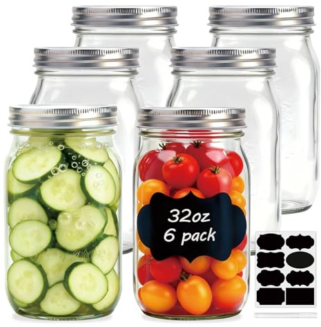 Flrolove Wide Mouth Mason Jars 32 oz, Canning Jars with One-Piece Lids 6 Pack, Glass Jars with Airtight Lid for Food Storage, Pickling, Preserving, Meal Prep, Jam, Honey, Jelly