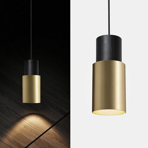 Ouglres Hängande lampa, svart guld, pendellampa, 1 glödlampa trä, industriell cylinder, hängande lampa, köksö, aluminiumlampskärm, vintage, pendellampa, E27, för sovrum, matsal, bar, justerbar höjd