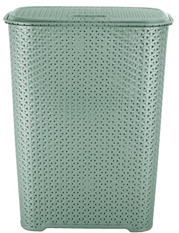 65 Litre Large Laundry Basket with Flip Lid Knit Design Plastic Hamper Washing Baskets Freestanding Sturdy Tall Laundry Sorter Bin Storage Basket Linen Dirty Clothes Bathroom Box (Silver Sage)