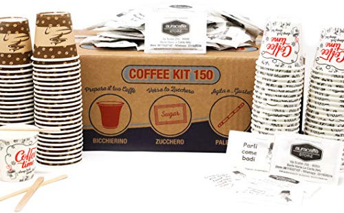 AURACAFFE' Kit Accessori Caffè – 600 Bicchierini in Carta 75ml con Grafica, 600 Palettine e 600 Bustine di Zucchero – Set accessori caffe – Made in Italy