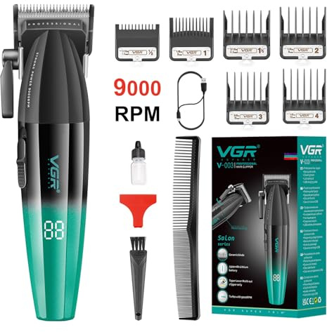 VGR 003 Cortapelos Profesional, Máquina de Cortar Pelo Hombre con Cuerpo Metálico y Motor Potente de 9000 RPM, Clipper Barbería Inalámbrico con Cuchillas Cerámicas, Pantalla LED, Carga USB, Verde