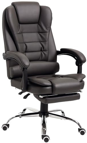 HOMCOM Sedia da Ufficio Ergonomica Presidenziale in Pelle PU, Poltrona da Ufficio Girevole con Schienale Alto Reclinabile 145°, Altezza Regolabile e Poggiapiedi Estraibile, color Caffè