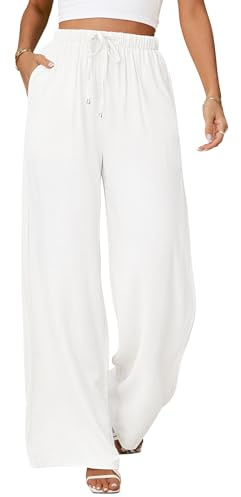 UMIPUBO Womens Linen Pants High Waisted Wide Leg Trousers Summer Palazzo Casual Pant Flowy Drawstring Beach Pants(White,S)