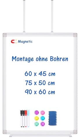 maxtek Tableau Blanc Effacable avec Patere Porte 75 × 50 cm, Magnétique Whiteboard Mural Sans Percage, Tableau Cadre en Aluminium avec 4 Marqueurs, 6 Aimants, 1 Effaceur pour Maison, Cellier, Bureau